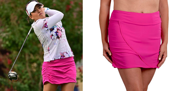 Jasmine Suwannapura Swings Golf Club in Pink and FloralWomen's Tops & Long T-Shirts,Sustainable Womenswear Shop branded outfit with pink skort product image in side window
