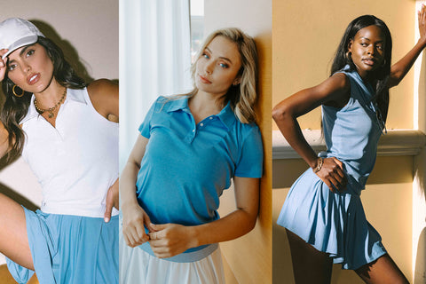 Collage of women wearing white and blue vintage-inspired tennis and golf outfits byWomen's Tops & Long T-Shirts,Sustainable Womenswear Shop