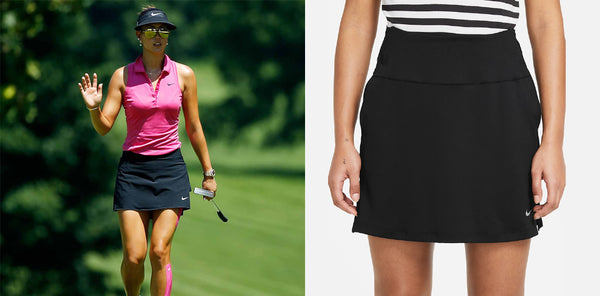 LPGA Player Michelle Wei Walks on the course in a pink top and black nike skirt